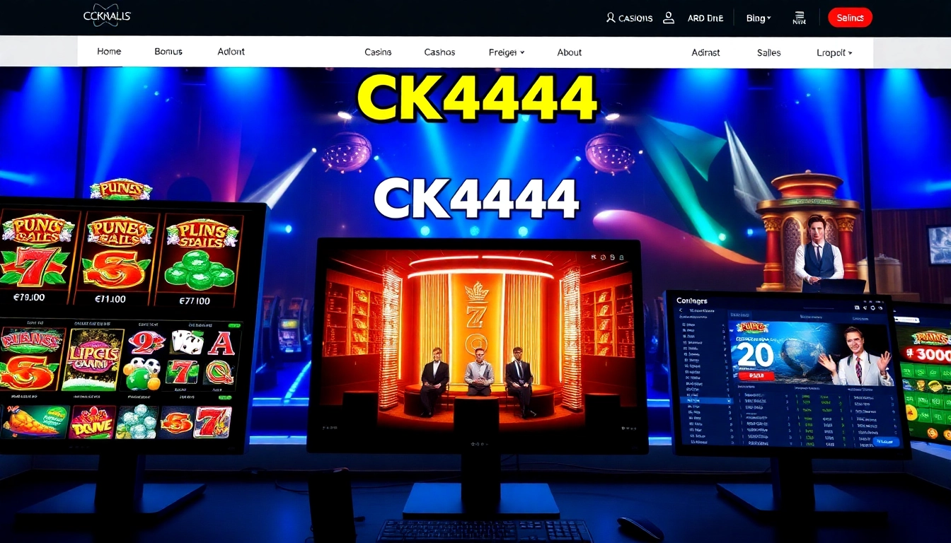 CK 444 logo displayed on an engaging casino platform with slots, live dealer, and sports betting visuals for user engagement.
