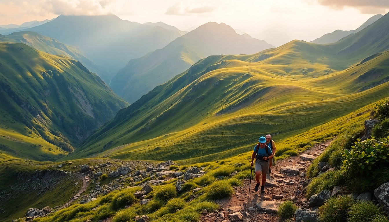 Participants embarking on a guided trek through scenic mountains with an expert guide leading the way in natural landscapes.