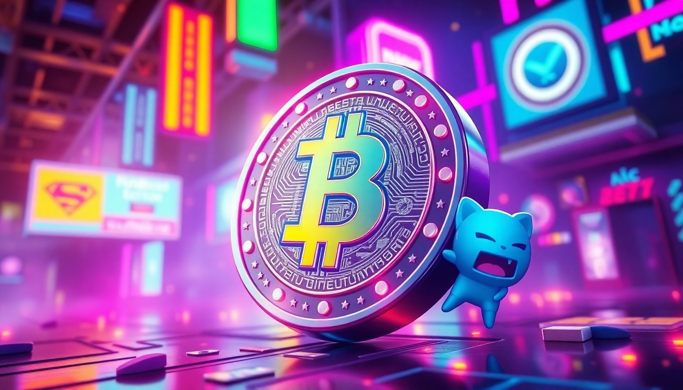 Colorful memecoin illustration showcasing popular crypto tokens with lively neon effects for