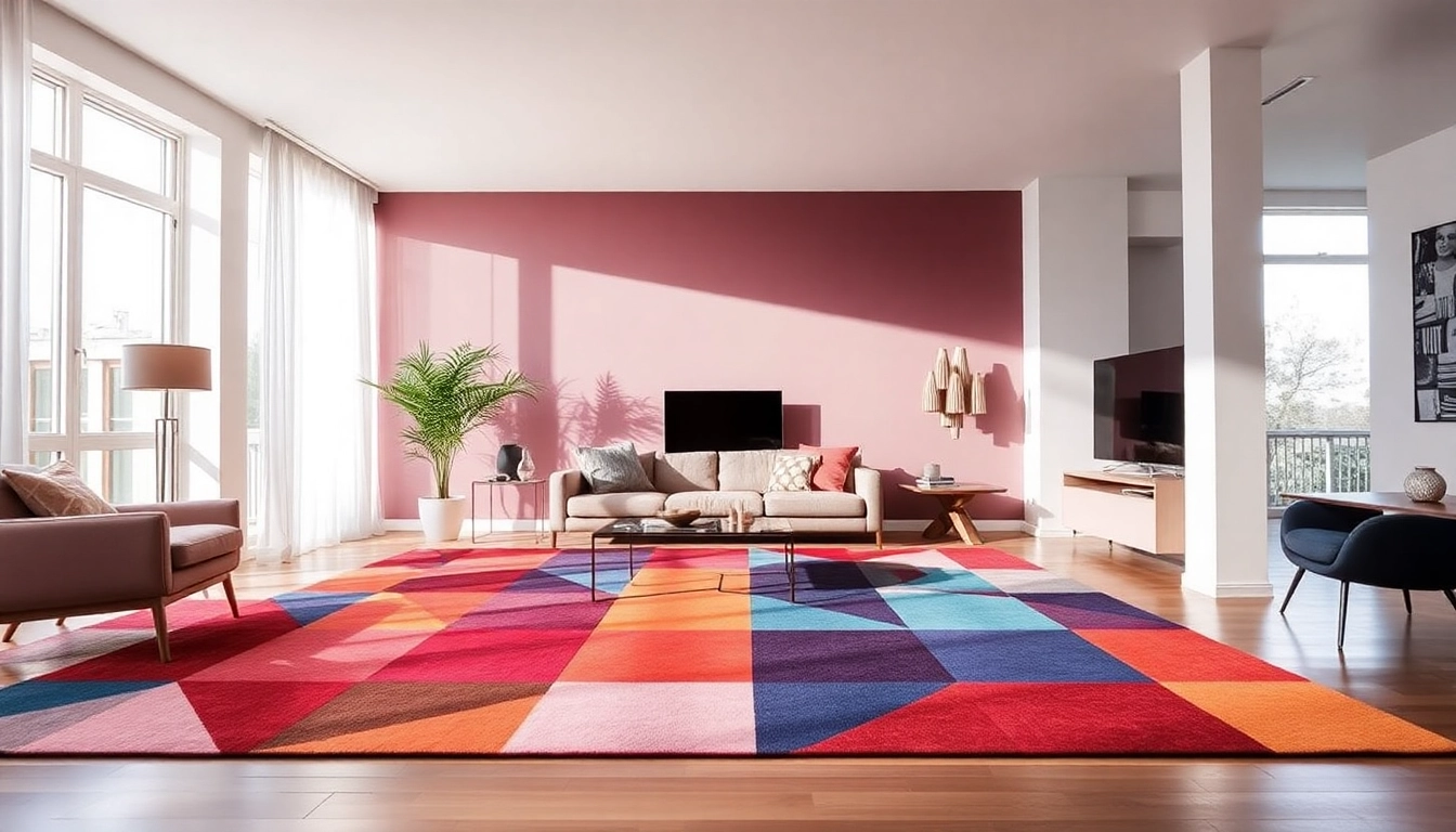 Stylish modern living room featuring elegant Tappeti moderni Milano with vibrant geometric