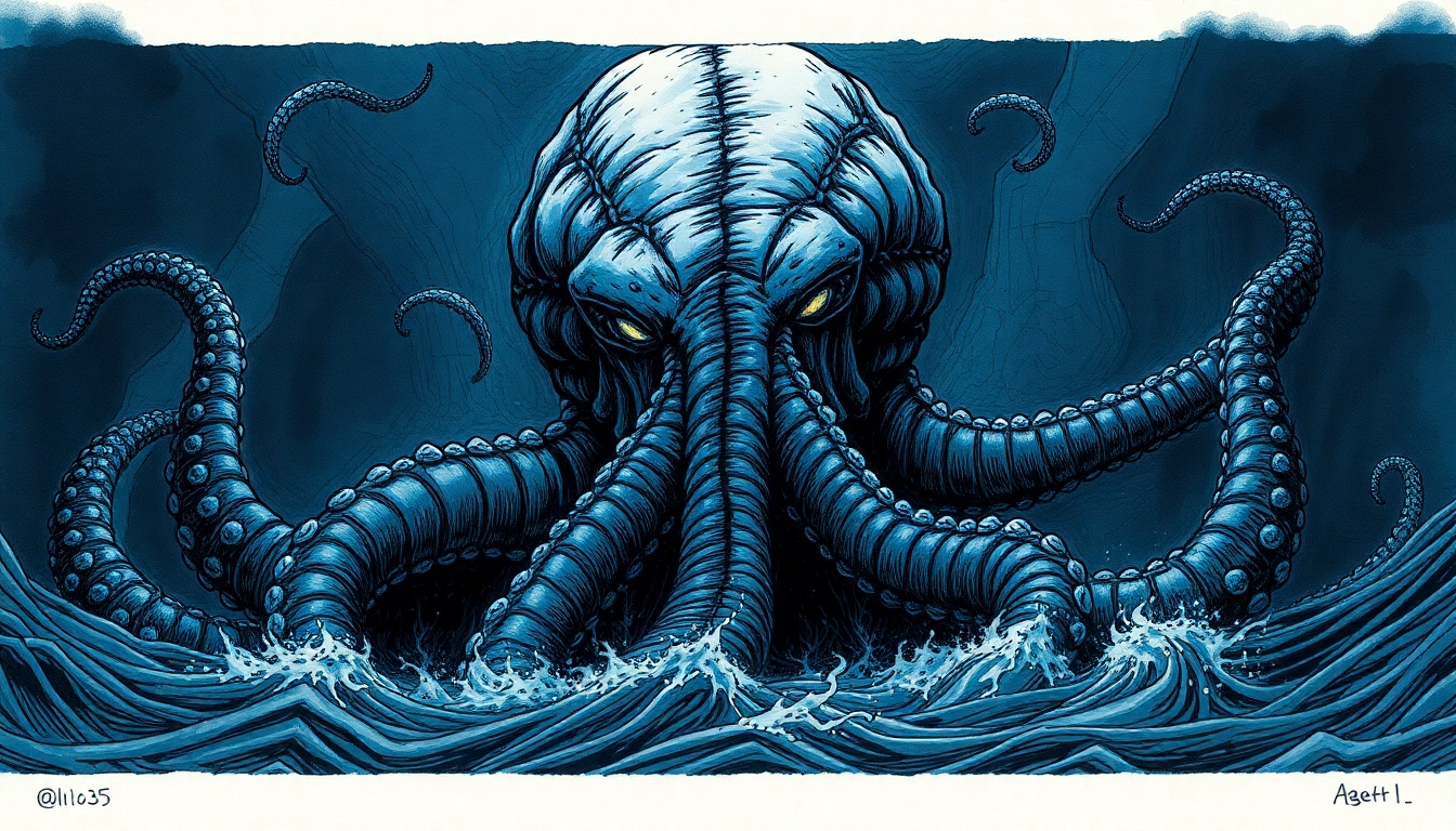 KraKen depicted as a massive tentacled sea monster attacking a ship, realistic style with