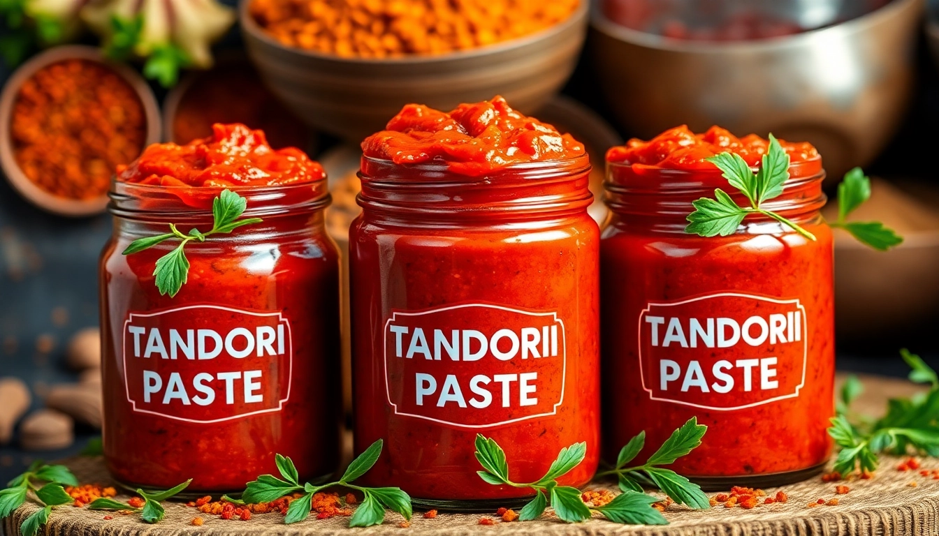 Authentic Tandoori Paste in jars with fresh ingredients demonstrating flavor and quality for