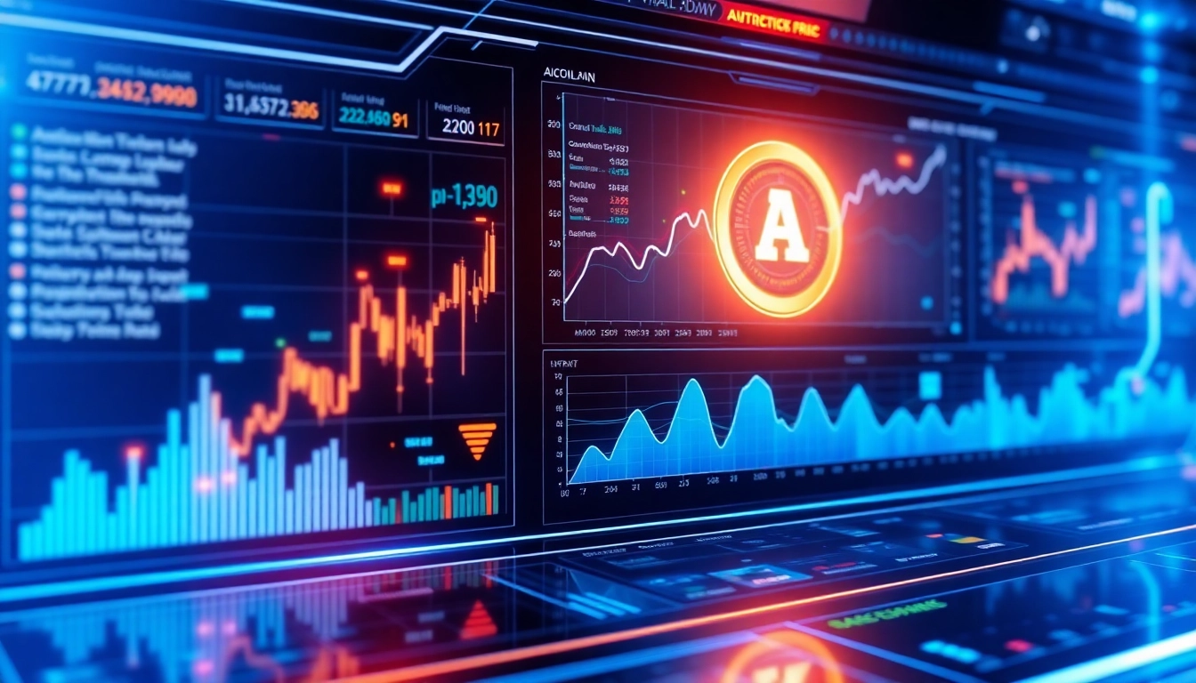Aicoin cryptocurrency market analysis dashboard with dynamic charts and blockchain elements for